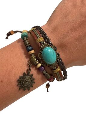 Boho Brown Leather Bracelet with Turquoise Accent